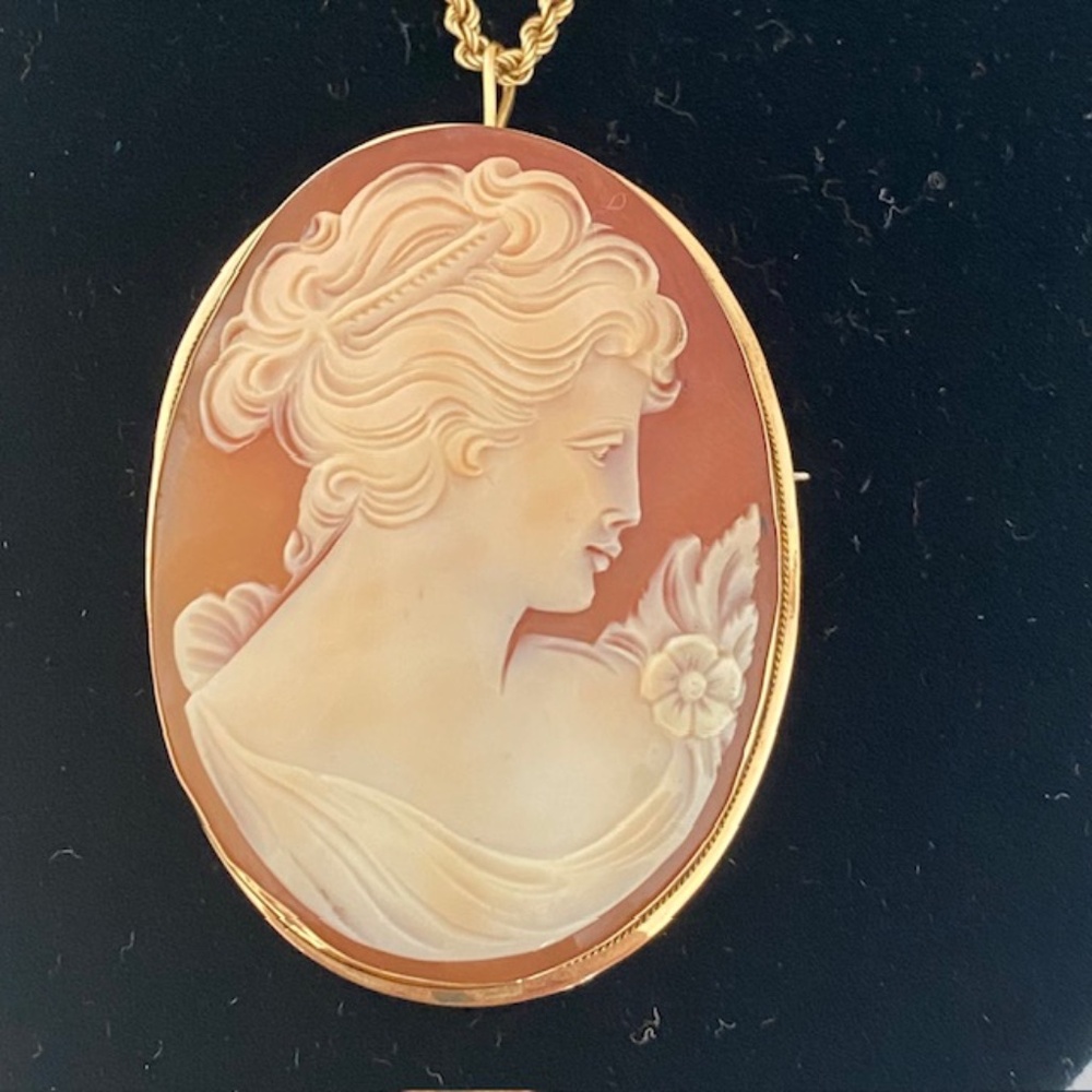Collectible 14K Gold Victorian Carved Shell Cameo Brooch/Pendant and Gold Chain